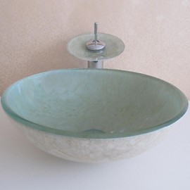 Bathroom Sink Set,Tempered glass Vessel Sink With Waterfall Tap,Mounting Ring and Water Drain