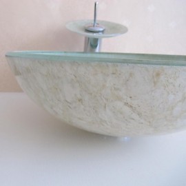 Bathroom Sink Set,Tempered glass Vessel Sink With Waterfall Tap,Mounting Ring and Water Drain