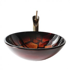 Retro Pattern Round Tempered Glass Vessel Sink with Retro Cup Tap ,Pop - Up Drain and Mounting Ring