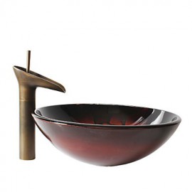 Retro Pattern Round Tempered Glass Vessel Sink with Retro Cup Tap ,Pop - Up Drain and Mounting Ring