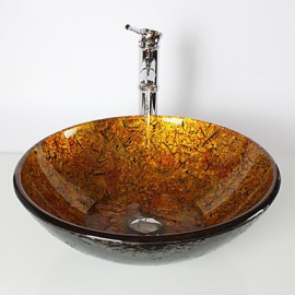 Yellow Round Tempered Glass Vessel Sink with Bamboo Tap ,Pop - Up Drain and Mounting Ring