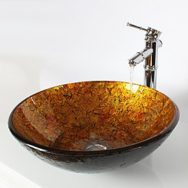 Yellow Round Tempered Glass Vessel Sink with Bamboo Tap ,Pop - Up Drain and Mounting Ring