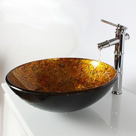 Yellow Round Tempered Glass Vessel Sink with Bamboo Tap ,Pop - Up Drain and Mounting Ring
