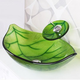 Green Leaf Shape Tempered Glass Vessel Sink with Waterfall Tap , Pop - Up Drain and Mounting Ring