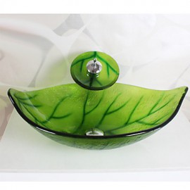 Green Leaf Shape Tempered Glass Vessel Sink with Waterfall Tap , Pop - Up Drain and Mounting Ring