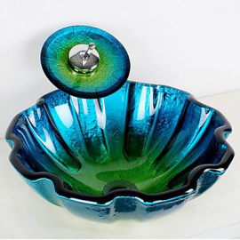 Blue Round Tempered Glass Vessel Sink with Waterfall Tap ,Pop - Up Drain and Mounting Ring