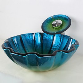 Blue Round Tempered Glass Vessel Sink with Waterfall Tap ,Pop - Up Drain and Mounting Ring