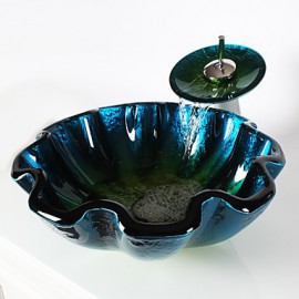 Blue Round Tempered Glass Vessel Sink with Waterfall Tap ,Pop - Up Drain and Mounting Ring
