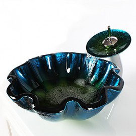 Blue Round Tempered Glass Vessel Sink with Waterfall Tap ,Pop - Up Drain and Mounting Ring