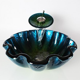 Blue Round Tempered Glass Vessel Sink with Waterfall Tap ,Pop - Up Drain and Mounting Ring