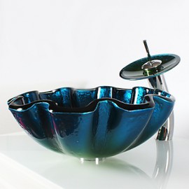 Blue Round Tempered Glass Vessel Sink with Waterfall Tap ,Pop - Up Drain and Mounting Ring