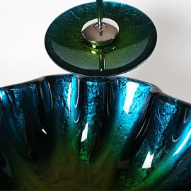 Blue Round Tempered Glass Vessel Sink with Waterfall Tap ,Pop - Up Drain and Mounting Ring