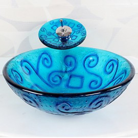 Blue Round Tempered Glass Vessel Sink with Waterfall Tap ,Pop - Up Drain and Mounting Ring