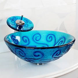 Blue Round Tempered Glass Vessel Sink with Waterfall Tap ,Pop - Up Drain and Mounting Ring