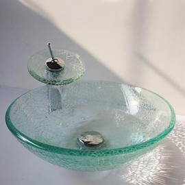Crackle Round Tempered Glass Vessel Sink with Waterfall Tap ,Pop - Up Drain and Mounting Ring