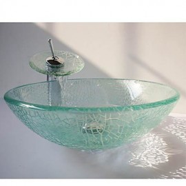 Crackle Round Tempered Glass Vessel Sink with Waterfall Tap ,Pop - Up Drain and Mounting Ring