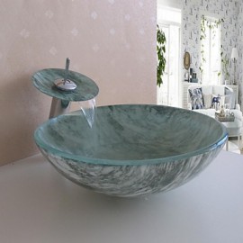 Bathroom Sink Set,Tempered glass Vessel Sink With Waterfall Tap,Mounting Ring and Water Drain