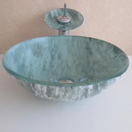 Bathroom Sink Set,Tempered glass Vessel Sink With Waterfall Tap,Mounting Ring and Water Drain