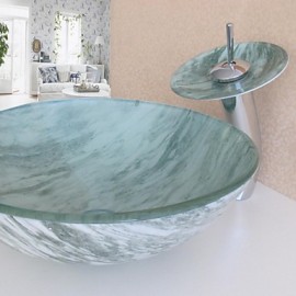 Bathroom Sink Set,Tempered glass Vessel Sink With Waterfall Tap,Mounting Ring and Water Drain