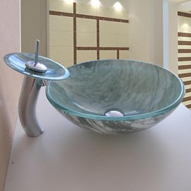 Bathroom Sink Set,Tempered glass Vessel Sink With Waterfall Tap,Mounting Ring and Water Drain