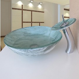 Bathroom Sink Set,Tempered glass Vessel Sink With Waterfall Tap,Mounting Ring and Water Drain