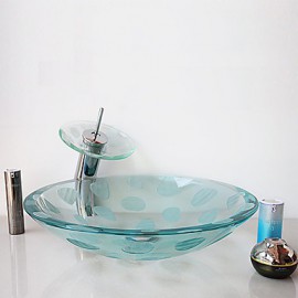 Frosting Carved Transparent Round Tempered Glass Vessel Sink with Waterfall Tap Pop - Up Drain and Mounting Ring