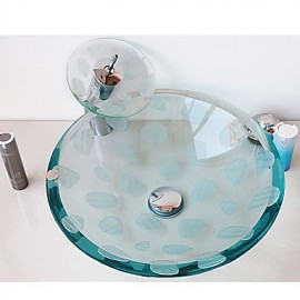 Frosting Carved Transparent Round Tempered Glass Vessel Sink with Waterfall Tap Pop - Up Drain and Mounting Ring