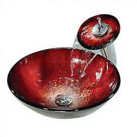 CLEARANCE -Red Round Tempered glass Vessel Sink With Waterfall Tap