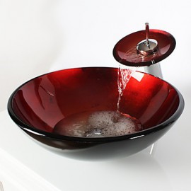 CLEARANCE -Red Round Tempered glass Vessel Sink With Waterfall Tap