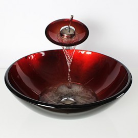 CLEARANCE -Red Round Tempered glass Vessel Sink With Waterfall Tap