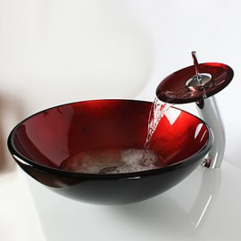 CLEARANCE -Red Round Tempered glass Vessel Sink With Waterfall Tap