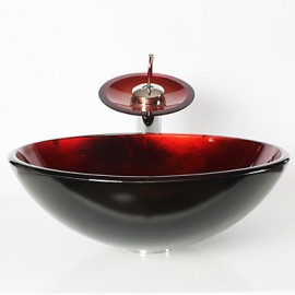 CLEARANCE -Red Round Tempered glass Vessel Sink With Waterfall Tap