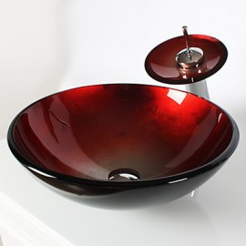 CLEARANCE -Red Round Tempered glass Vessel Sink With Waterfall Tap