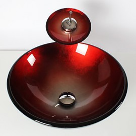 CLEARANCE -Red Round Tempered glass Vessel Sink With Waterfall Tap