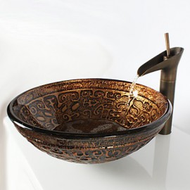 Retro Pattern Round Tempered Glass Vessel Sink with Retro Cup Tap ,Pop - Up Drain and Mounting Ring
