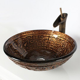 Retro Pattern Round Tempered Glass Vessel Sink with Retro Cup Tap ,Pop - Up Drain and Mounting Ring