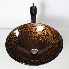 Retro Pattern Round Tempered Glass Vessel Sink with Retro Cup Tap ,Pop - Up Drain and Mounting Ring