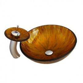 Tempered Glass Vessel Sink With Waterfall Tap Bathroom Sink Set Including Mounting Ring and Water Drain