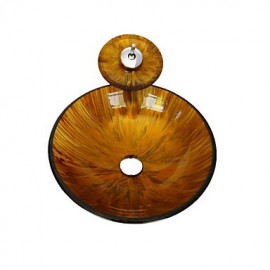 Tempered Glass Vessel Sink With Waterfall Tap Bathroom Sink Set Including Mounting Ring and Water Drain