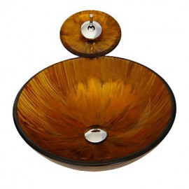 Tempered Glass Vessel Sink With Waterfall Tap Bathroom Sink Set Including Mounting Ring and Water Drain