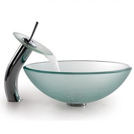 Frosted Round Tempered Glass Vessel Sink with Waterfall Tap ,Pop - Up Drain and Mounting Ring