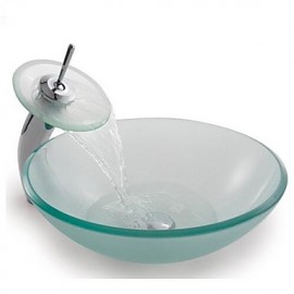 Frosted Round Tempered Glass Vessel Sink with Waterfall Tap ,Pop - Up Drain and Mounting Ring