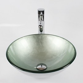 Silver Round Tempered Glass Vessel Sink with Straight Tube Tap ,Pop - Up Drain and Mounting Ring