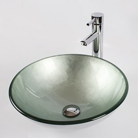 Silver Round Tempered Glass Vessel Sink with Straight Tube Tap ,Pop - Up Drain and Mounting Ring