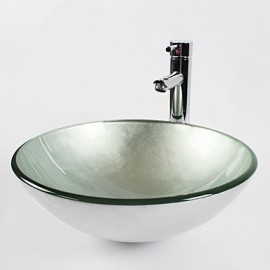 Silver Round Tempered Glass Vessel Sink with Straight Tube Tap ,Pop - Up Drain and Mounting Ring