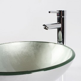Silver Round Tempered Glass Vessel Sink with Straight Tube Tap ,Pop - Up Drain and Mounting Ring