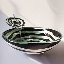 The Black and White Spiral Round Tempered Glass Vessel Sink with Waterfall Tap ,Pop - Up Drain and Mounting Ring