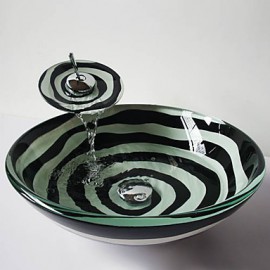 The Black and White Spiral Round Tempered Glass Vessel Sink with Waterfall Tap ,Pop - Up Drain and Mounting Ring