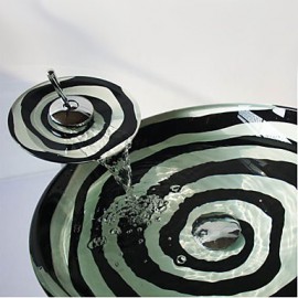 The Black and White Spiral Round Tempered Glass Vessel Sink with Waterfall Tap ,Pop - Up Drain and Mounting Ring