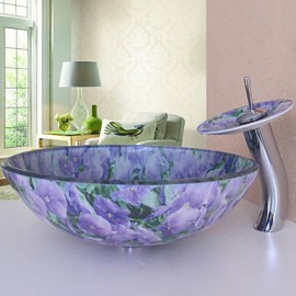 Bathroom Sink Set,Tempered glass Vessel Sink With Waterfall Tap,Mounting Ring and Water Drain
